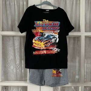 😉Bundle Days😉 Boys SHEIN Race Car Outfit Short Sleeved Tee Shorts Set Black Gray